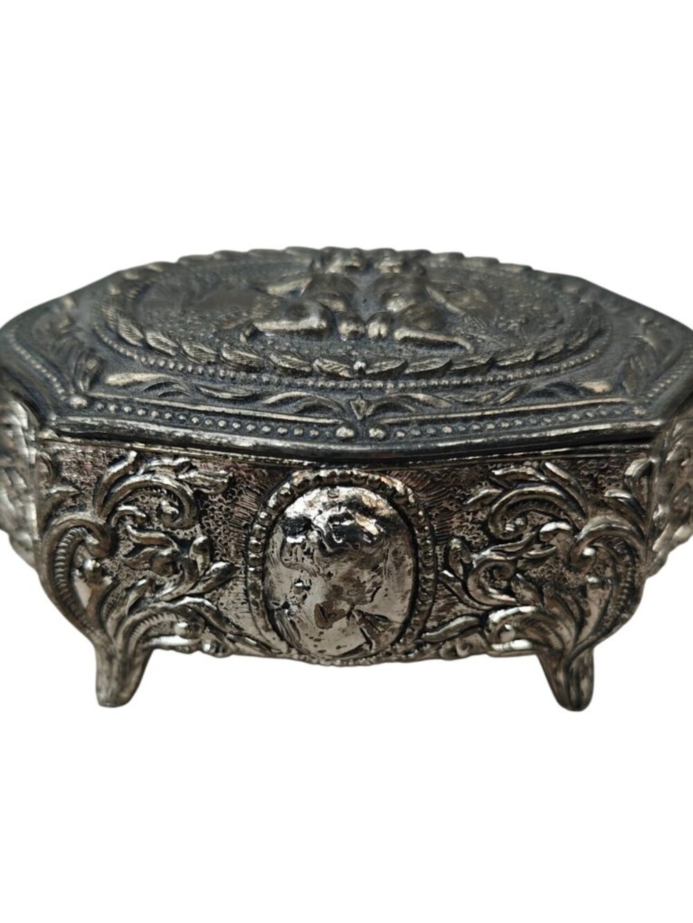 Vintage Silver-Tone Metal Jewelry Trinket Box W/ Cherubs Velvet-Lined Japan